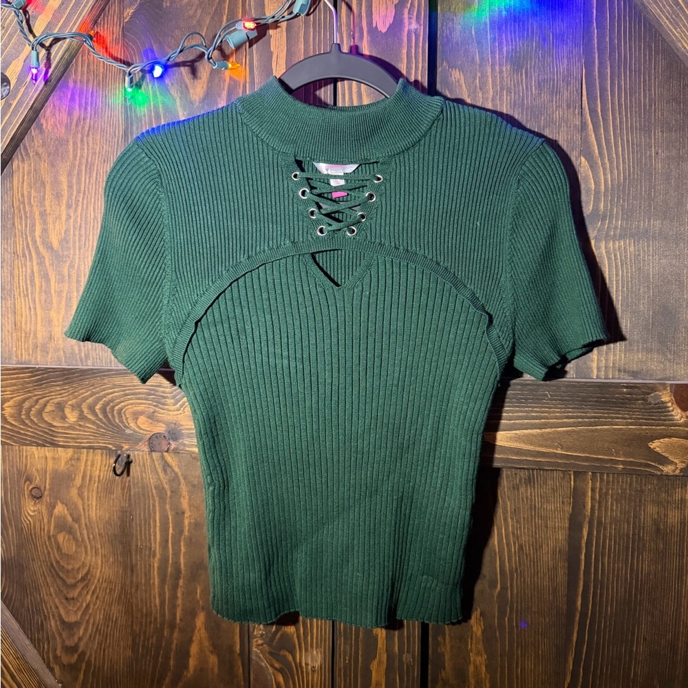 No Boundaries Forest Green Ribbed Lace-Up Top